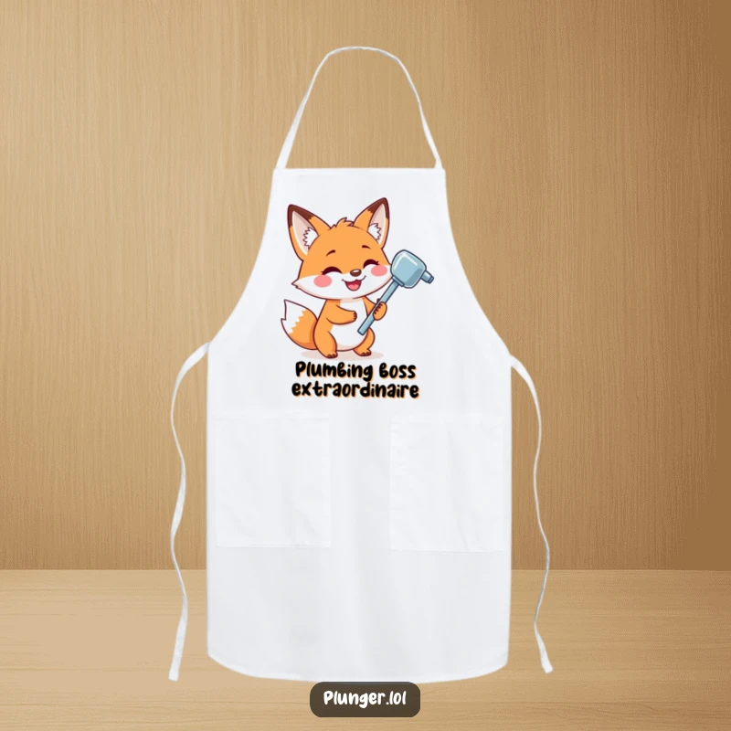 Funny apron featuring a playful fox with a big grin holding a shiny plunger, suitable for kitchen or workshop use.