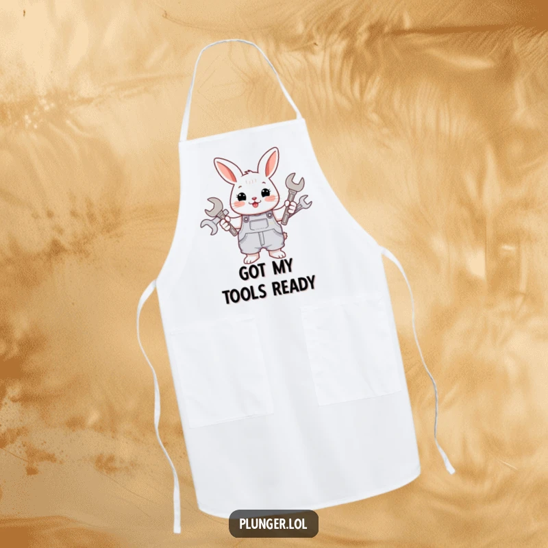 Funny and cheerful rabbit wearing overalls, holding a collection of wrenches, depicted on a practical apron for kitchen or workshop use.