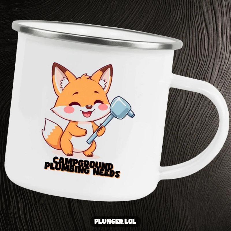 Funny camping mug featuring a playful fox with a confident grin holding a shiny plunger, ready for outdoor excursions.