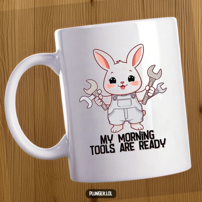 Funny rabbit mechanic wearing overalls, holding various wrenches with a determined and cheerful expression, ready for repairs.