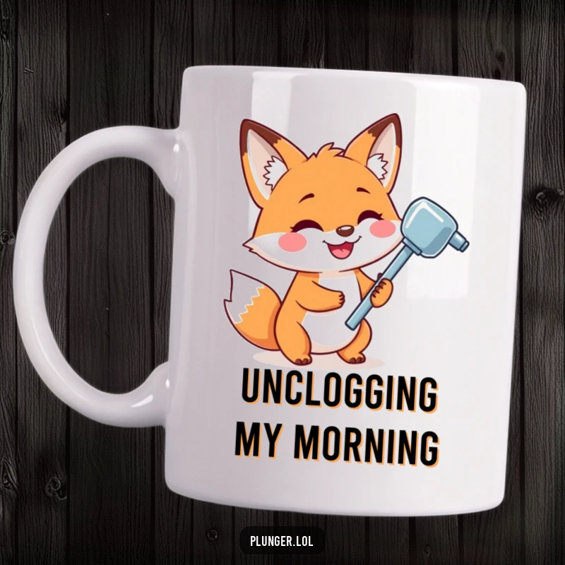 Funny fox with a wide, playful grin holding a shiny plunger, ready for action, depicted on a humorous mug.