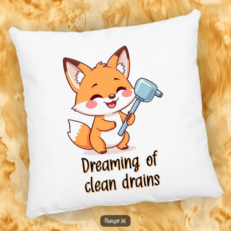 A soft and funny pillow showcasing a playful fox grinning widely while holding a shiny plunger, ideal for adding humor.