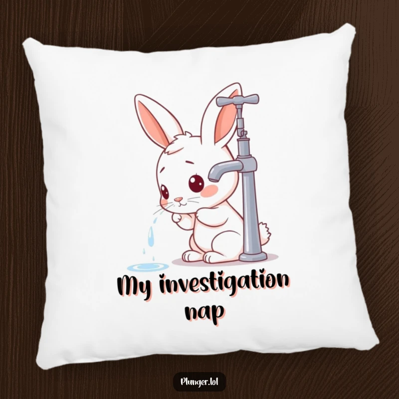 Funny rabbit character inspecting a faucet, designed on a soft pillow, offering a blend of comfort and quirky humor.
