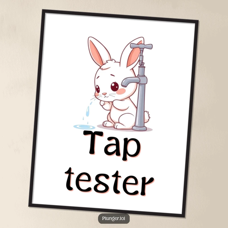 Funny rabbit character investigating a faucet, presented as a digital art print for immediate humorous decoration.