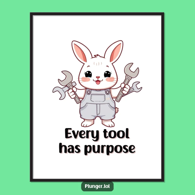 Funny Rabbit Mechanic Digital Print: Cheerful Overalls Wrench Holder Art, Unique Funny Gift for Walls