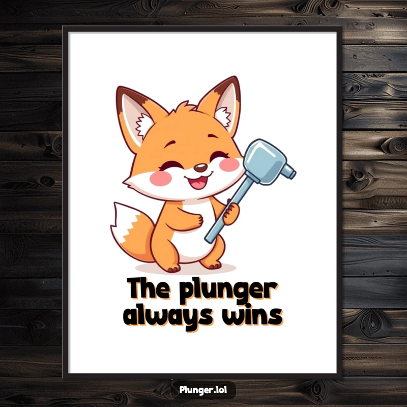 Funny digital art print of a playful fox with a wide grin holding a shiny plunger, ready to liven up any room.