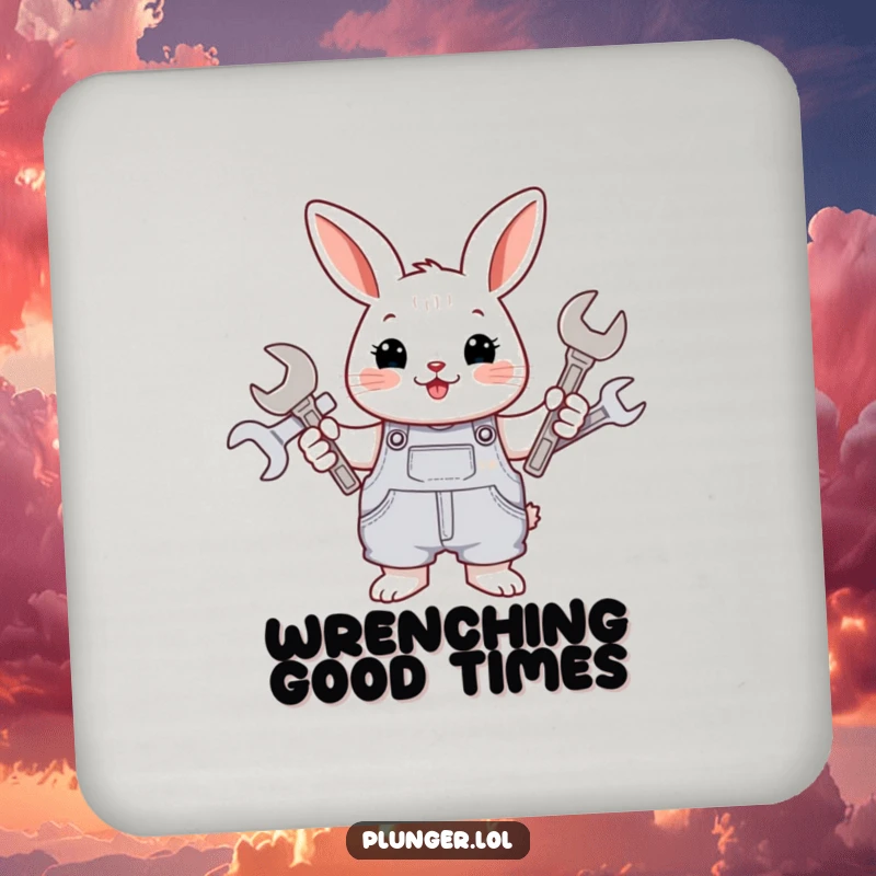 Set of funny coasters featuring a cheerful rabbit in overalls holding wrenches, designed to protect tables with humor.