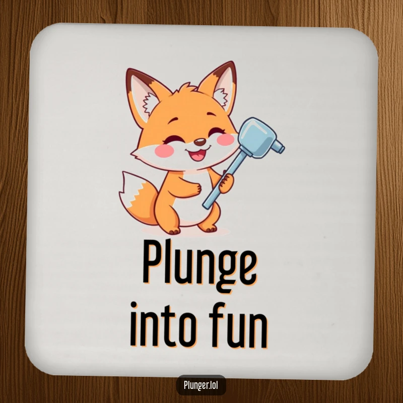 Set of funny coasters featuring a playful fox grinning while holding a shiny plunger, designed for table protection.