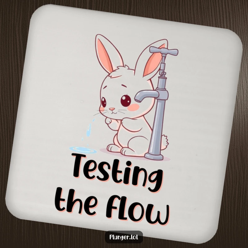 Funny rabbit character inspecting a faucet on a drink coaster, a humorous and protective addition to any surface.