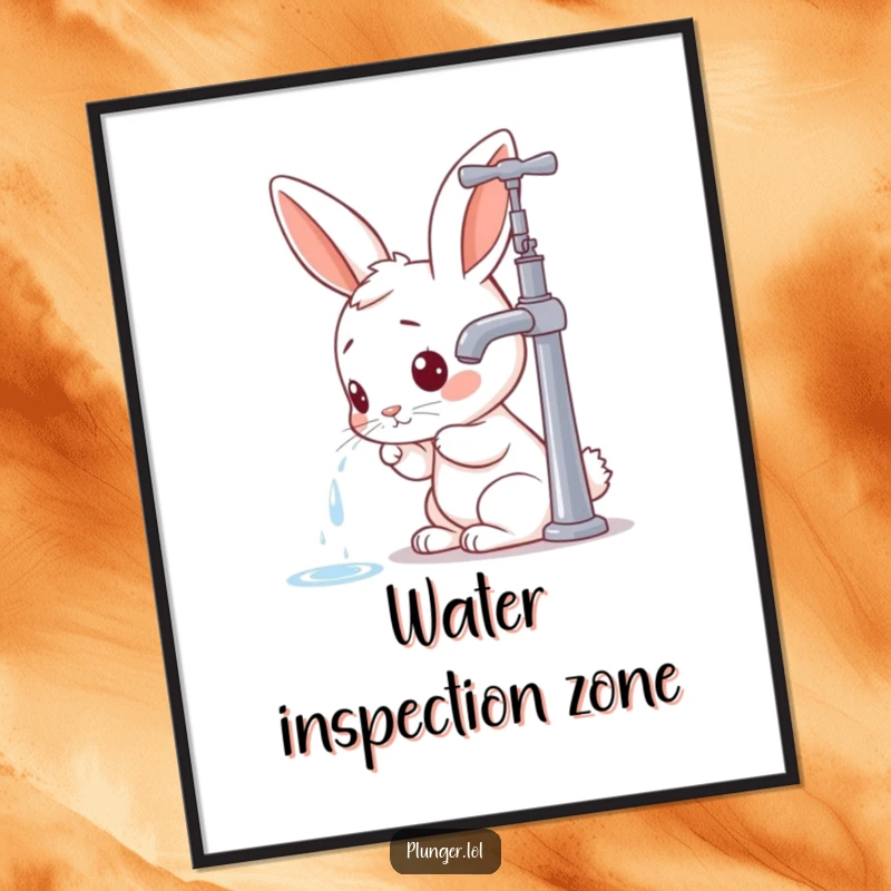 Funny rabbit character inspecting a faucet, rendered as humorous wall art, adding a quirky and amusing touch to any room.