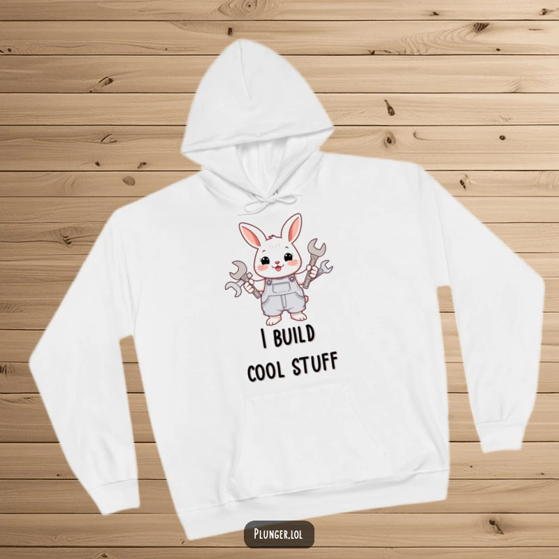 Cozy funny rabbit in overalls, proudly displaying an assortment of wrenches, radiating a cheerful and busy mechanic vibe.