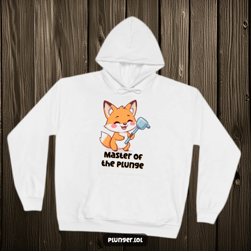 A comfortable funny hoodie featuring a grinning fox enthusiastically holding a shiny plunger, radiating playful energy.