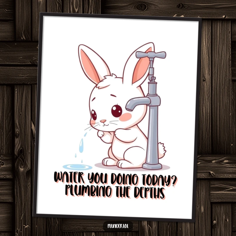 Funny Free Printable Wall Art: A cartoon rabbit curiously inspecting a dripping faucet, adding humorous charm to any room.