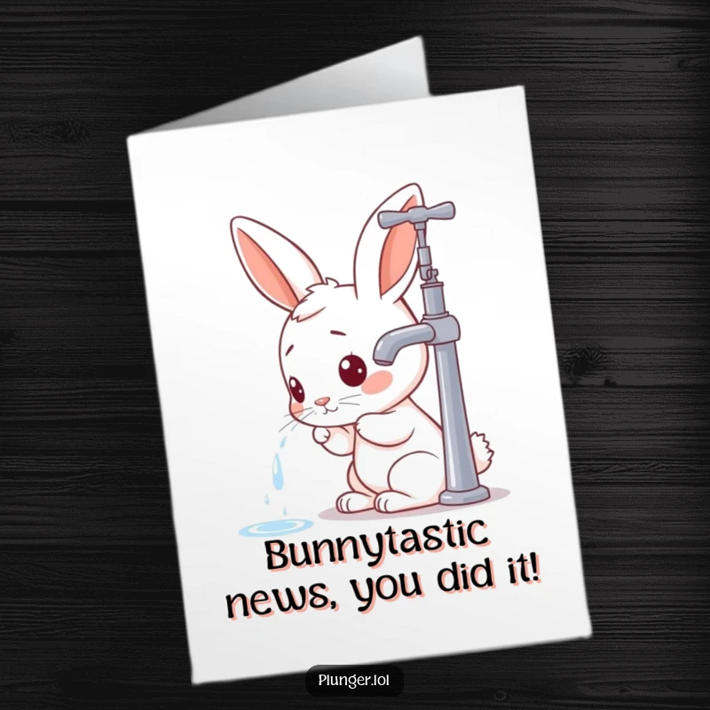 Funny Free Printable Congratulations Card: A curious rabbit inspecting a leaky faucet, ideal for a humorous congratulatory message.