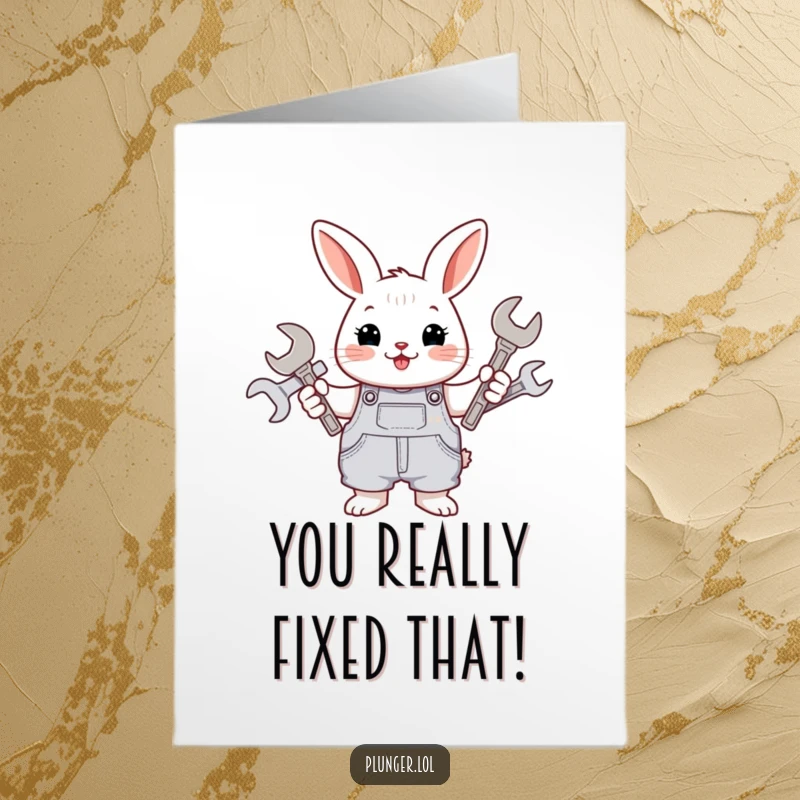 Funny Free Printable congratulations card featuring a cheerful rabbit mechanic in overalls expertly holding various tools, ready for success.