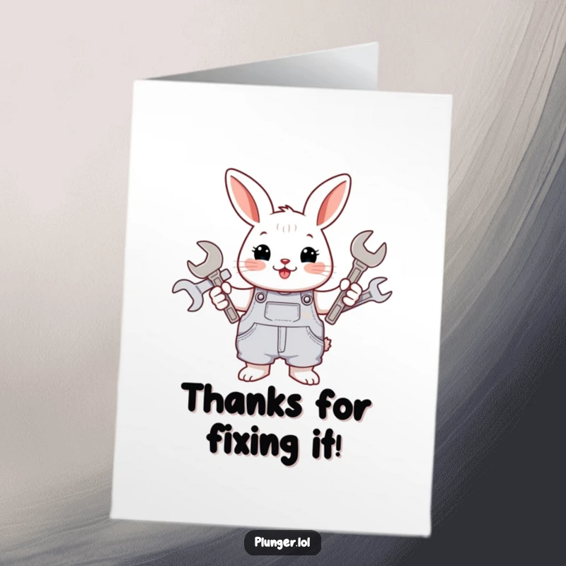 Funny Free Printable thank you card with a cheerful rabbit mechanic wearing overalls and holding tools, offering thanks with a grin.