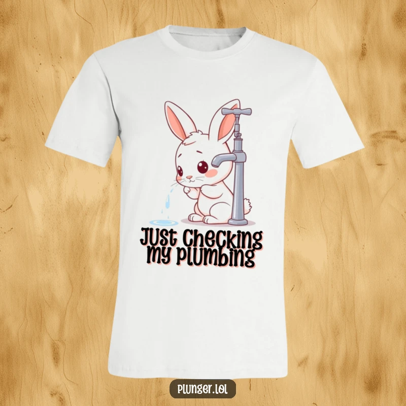 Funny rabbit character intently examining a dripping faucet, a comical scene perfect for a unique and humorous t-shirt.