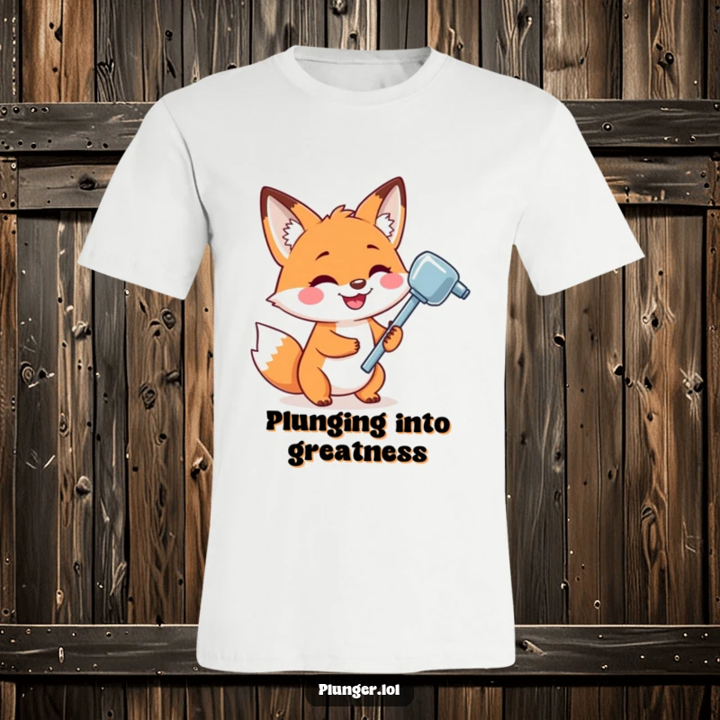 Playful fox grinning broadly while holding a shiny plunger, designed onto a funny t-shirt for maximum comedic effect.