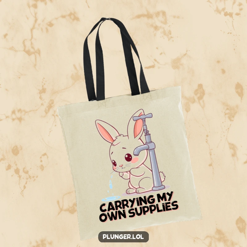 Funny rabbit character curiously inspecting a faucet, depicted on a durable tote bag for a practical and humorous statement.