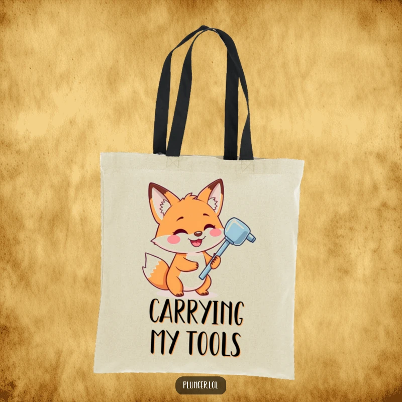 Funny tote bag with a playful fox holding a shiny plunger and a wide grin, perfect for errands and shopping.
